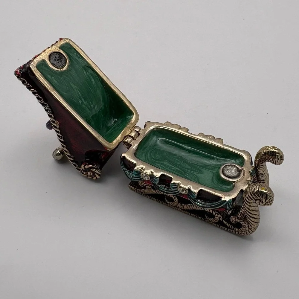 Monet Enameled Christmas Sleigh Trinket Box Red Gold Tone Crystal Accents